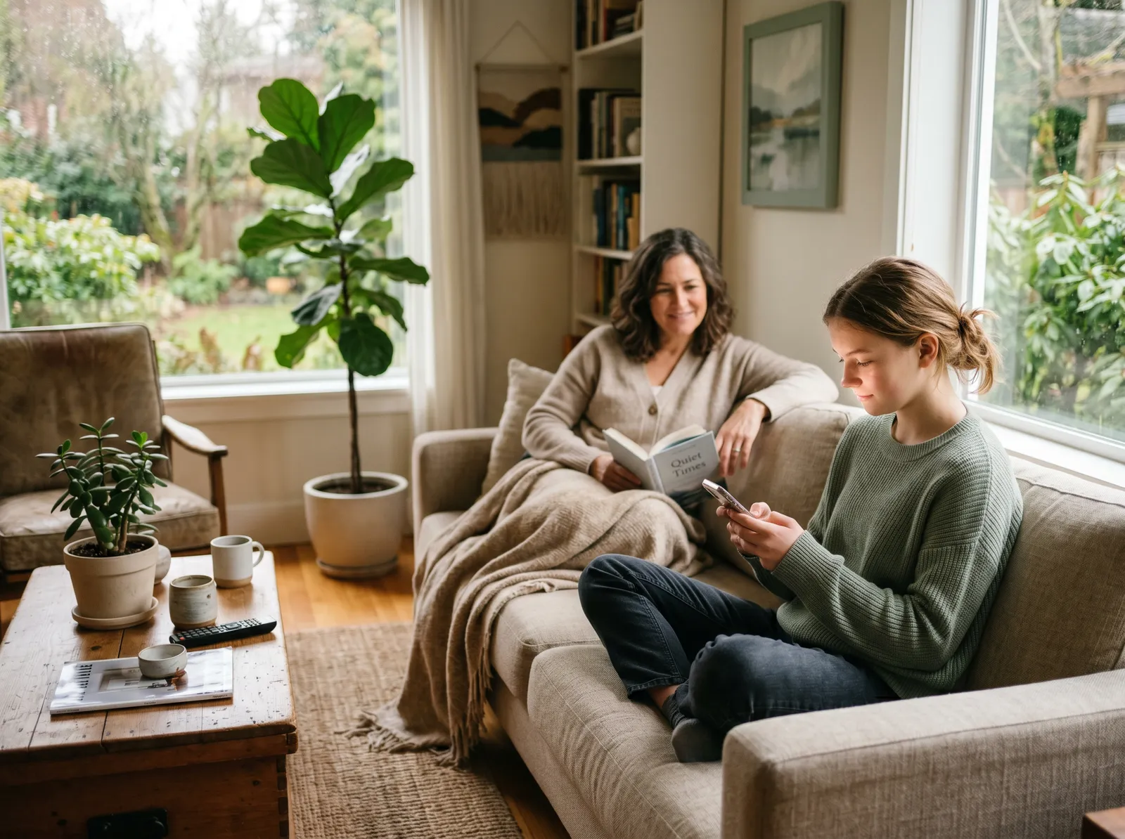 Família a casa amb dispositius, ambient tranquil
